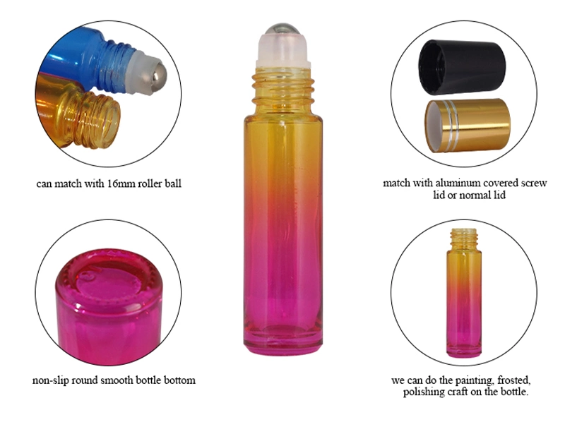 10ml Gradient Colored Refillable Glass Essential Oil Roll on Bottle with Steel Roller Ball Metal Roll with Aluminum Cap and Plastic PP Cap in Stock